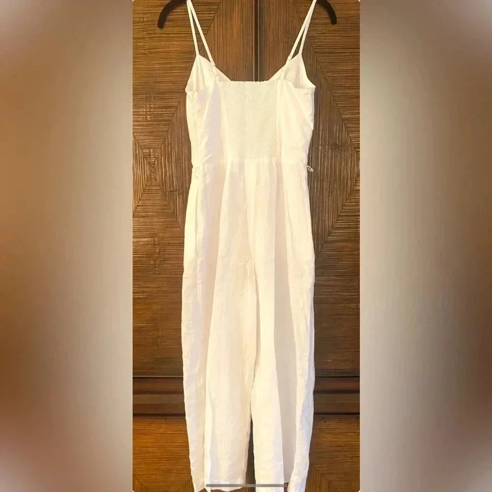 Banana Republic Linen Cotton White Wide Leg Cropped Jumpsuit‎ Pockets WM's 0 EUC